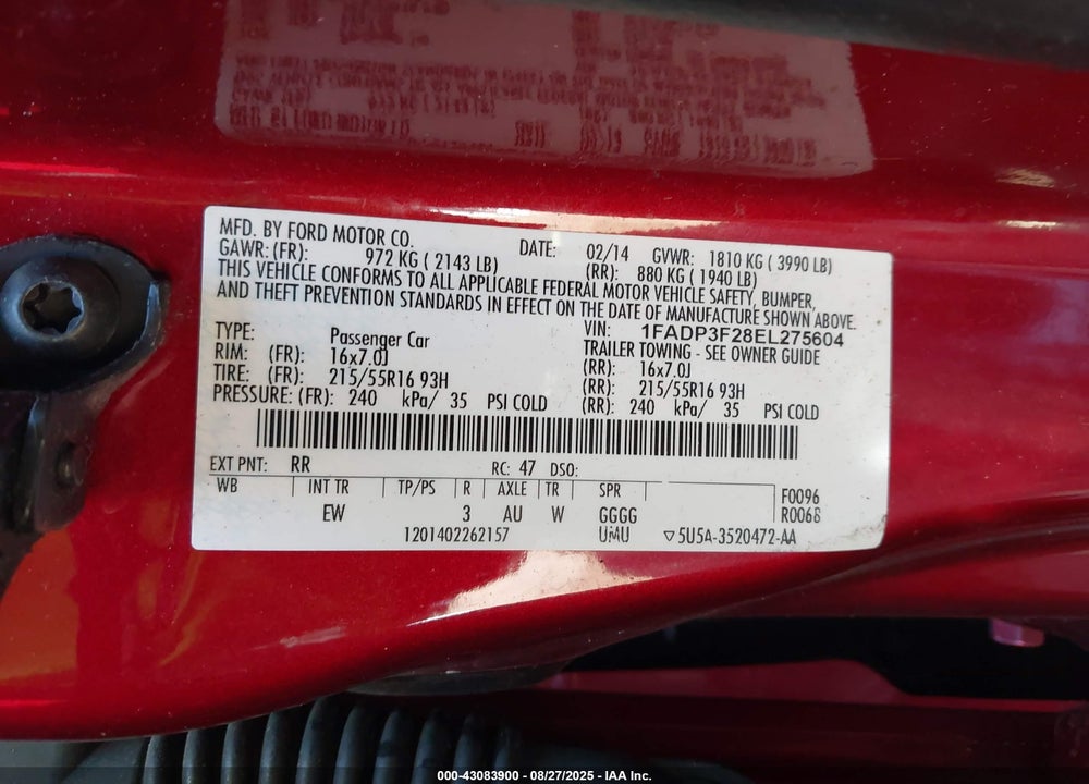 2014 FORD FOCUS VIN: 1FADP3F28EL275604