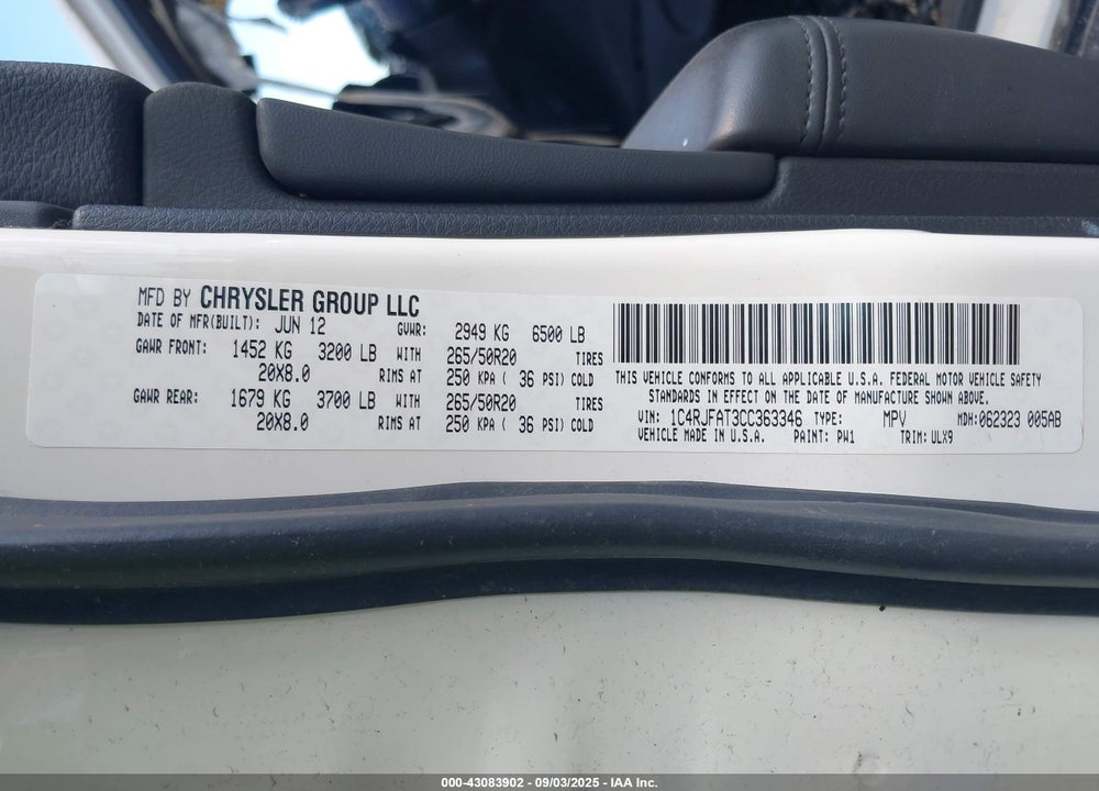 2012 JEEP GRAND CHEROKEE VIN: 1C4RJFAT3CC363346