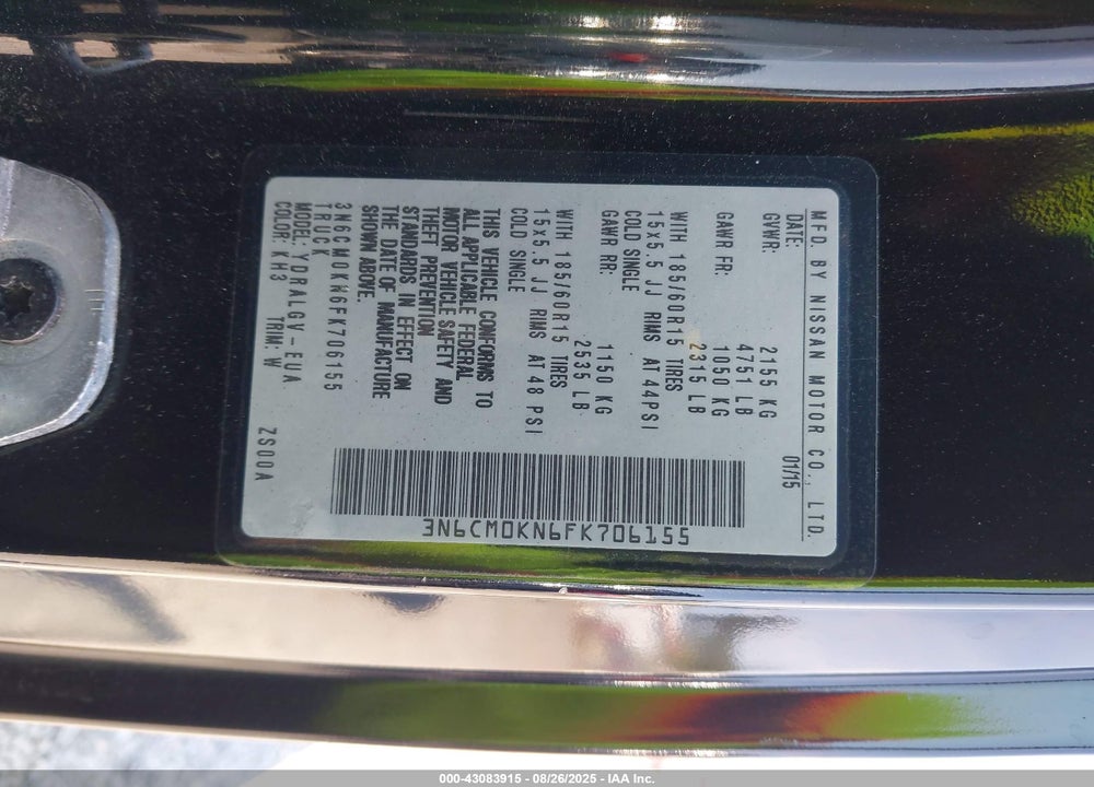 2015 NISSAN NV200 SV VIN: 3N6CM0KN6FK706155
