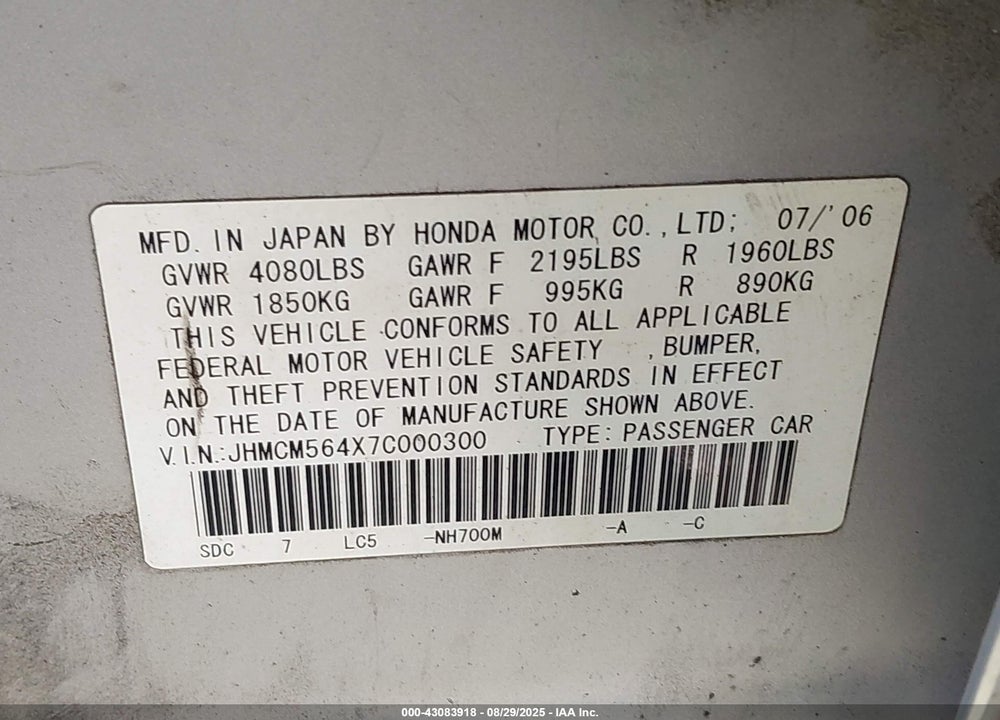2007 HONDA ACCORD 2.4 LX VIN: JHMCM564X7C000300