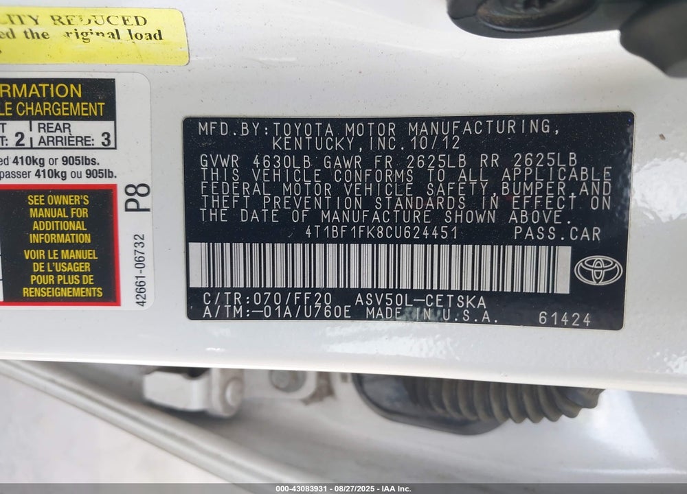 2012 TOYOTA CAMRY VIN: 4T1BF1FK8CU624451