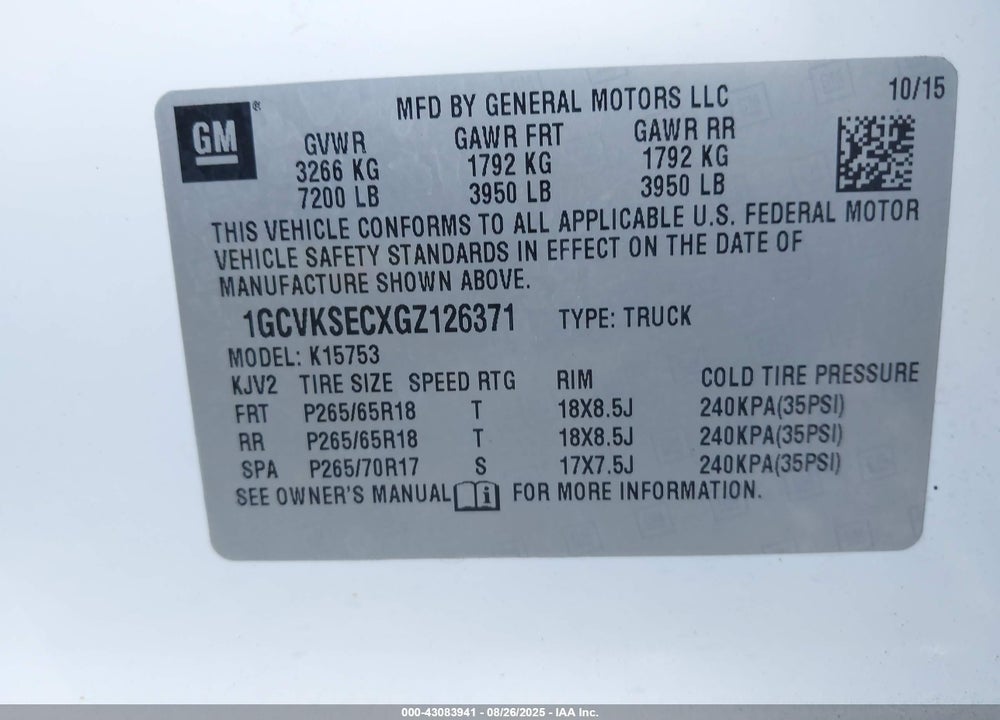 2016 CHEVROLET SILVERADO 1500 2LZ VIN: 1GCVKSECXGZ126371
