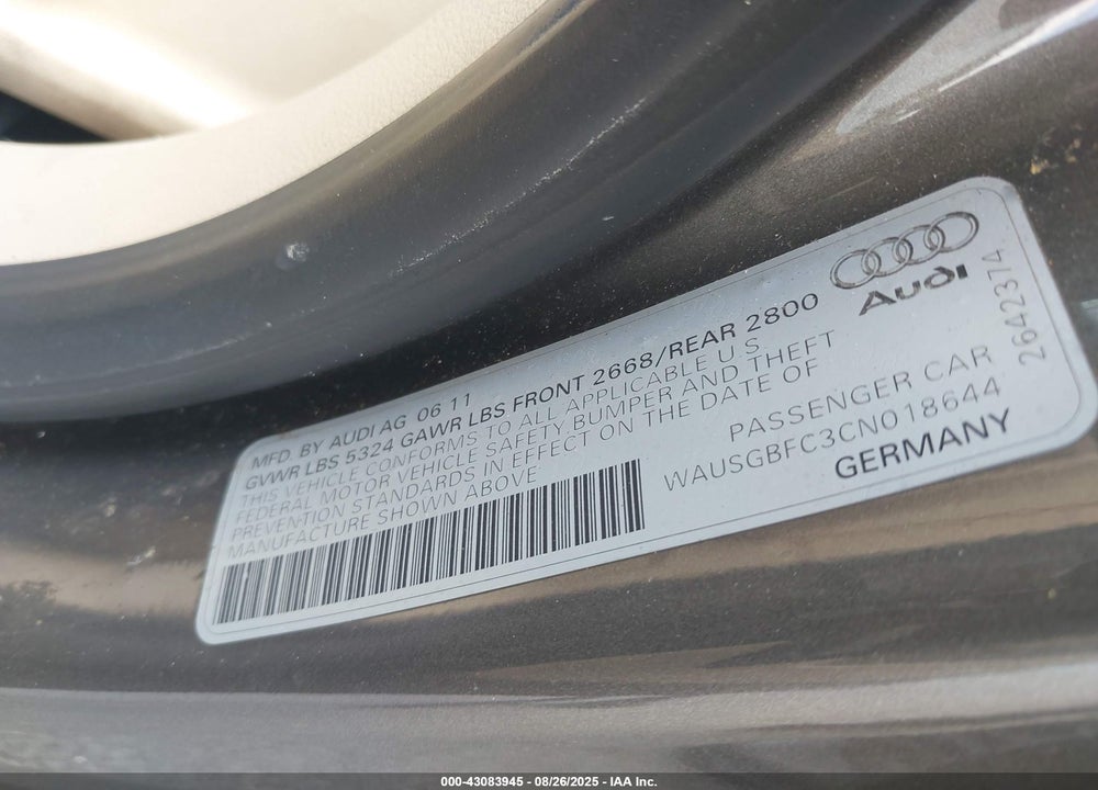 2012 AUDI A7 VIN: WAUSGBFC3CN018644