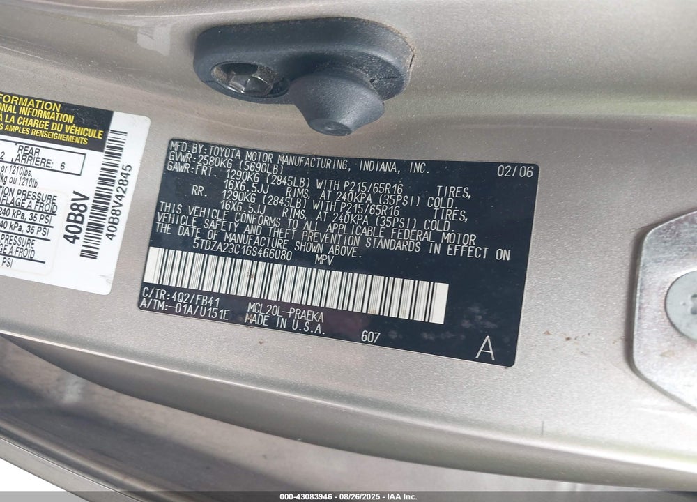 2006 TOYOTA SIENNA CE VIN: 5TDZA23C16S466080