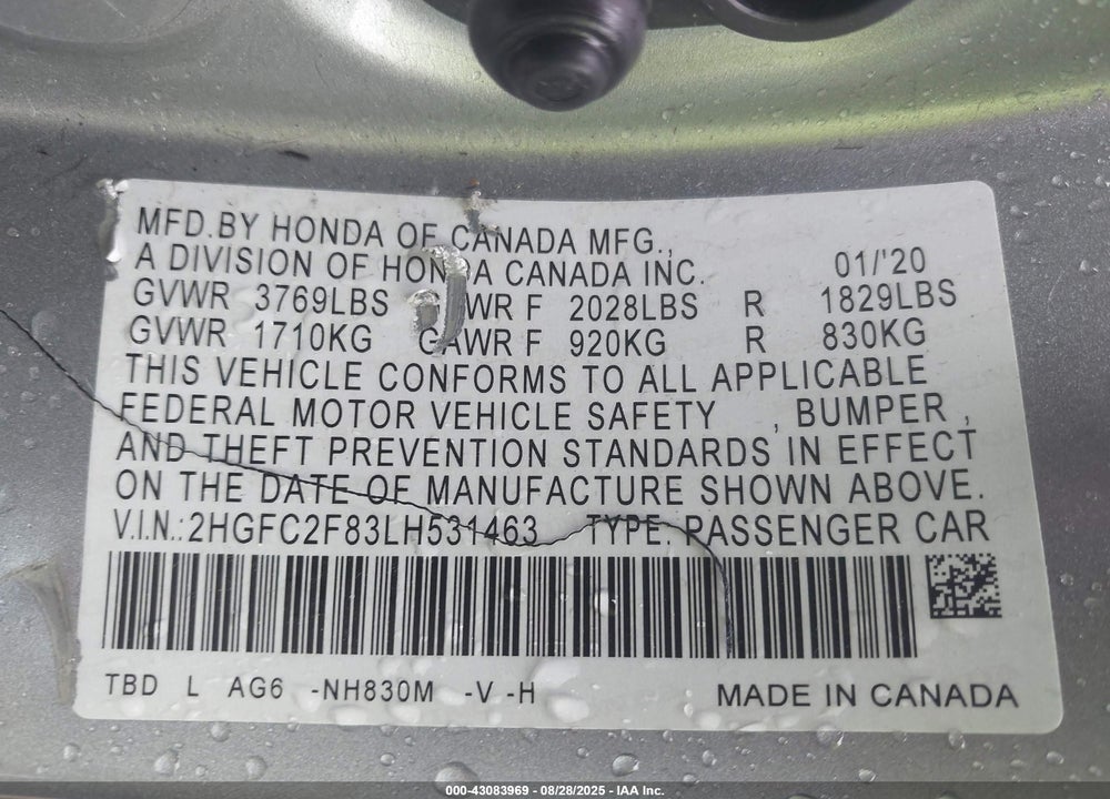 2020 HONDA CIVIC VIN: 2HGFC2F83LH531463