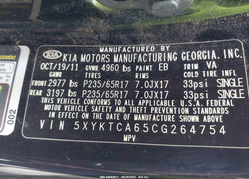 2012 KIA SORENTO VIN: 5XYKTCA65CG264754