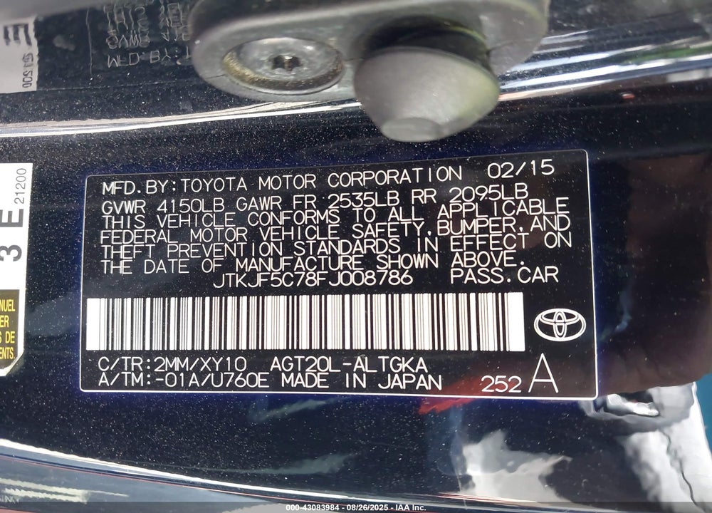 2015 SCION TC VIN: JTKJF5C78FJ008786