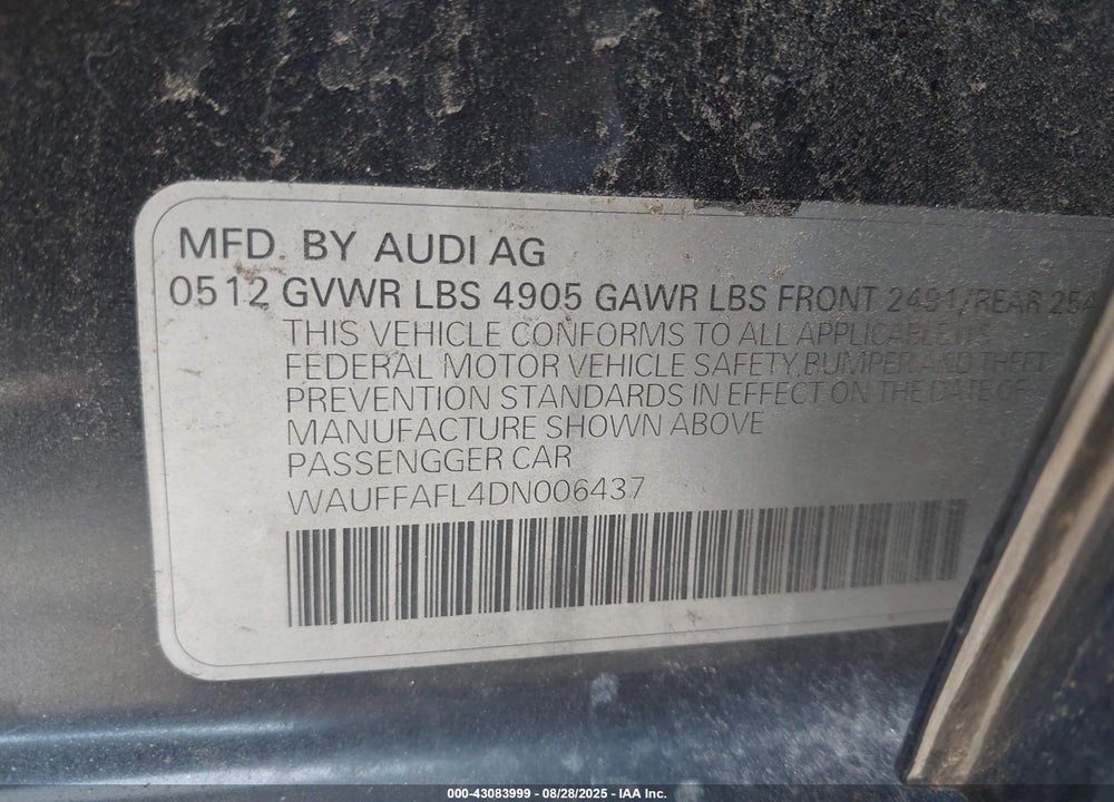 2013 AUDI A4 VIN: WAUFFAFL4DN006437