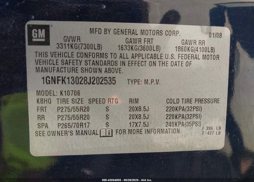 2008 CHEVROLET TAHOE LT VIN: 1GNFK13028J202535
