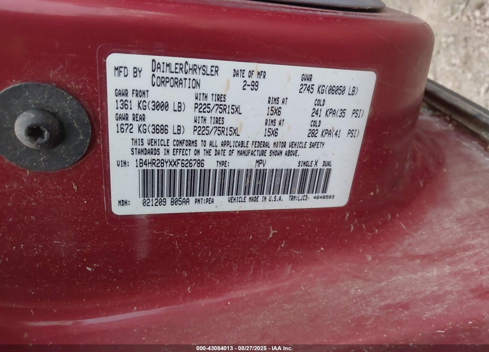 1999 DODGE DURANGO VIN: 1B4HR28YXXF626786