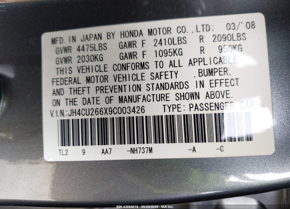 2009 ACURA TSX VIN: JH4CU266X9C003426