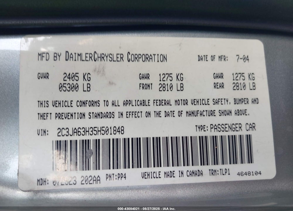 2005 CHRYSLER 300C VIN: 2C3JA63H35H501848