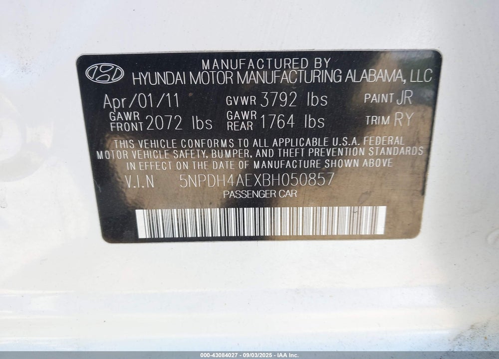 2011 HYUNDAI ELANTRA VIN: 5NPDH4AEXBH050857