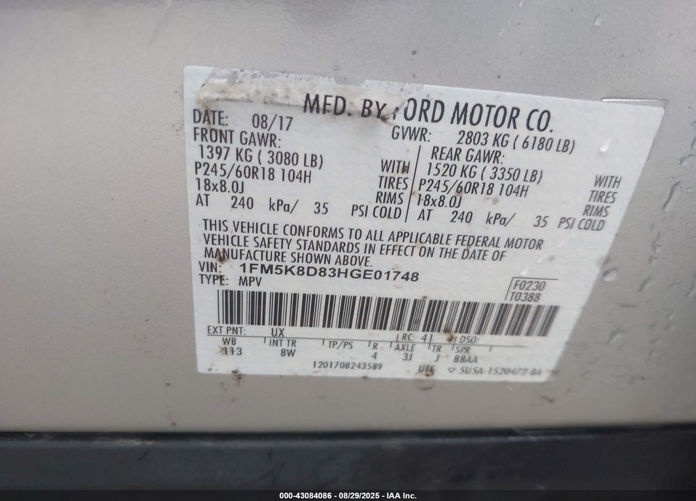 2017 FORD EXPLORER VIN: 1FM5K8D83HGE01748