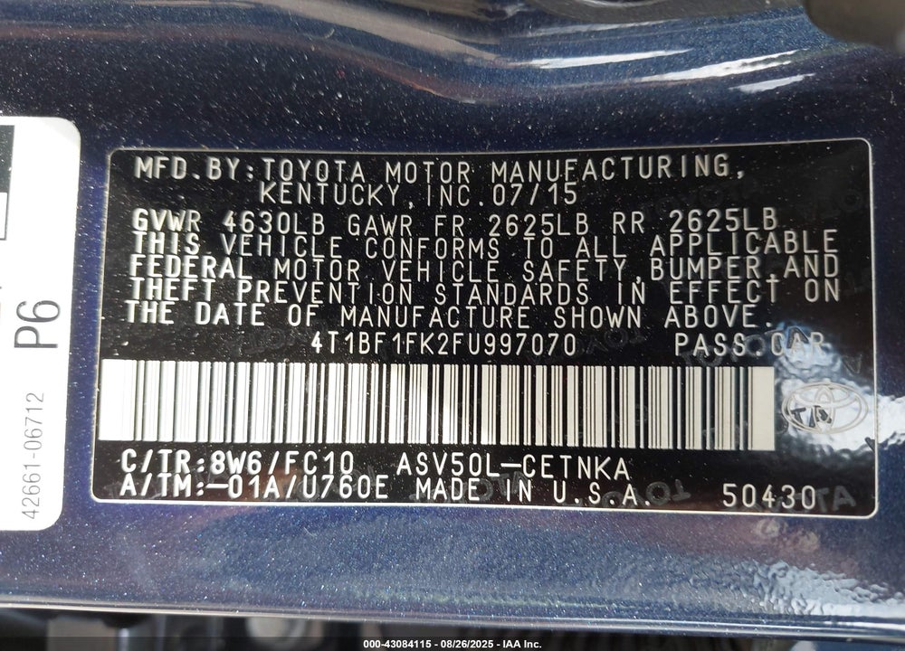 2015 TOYOTA CAMRY VIN: 4T1BF1FK2FU997070