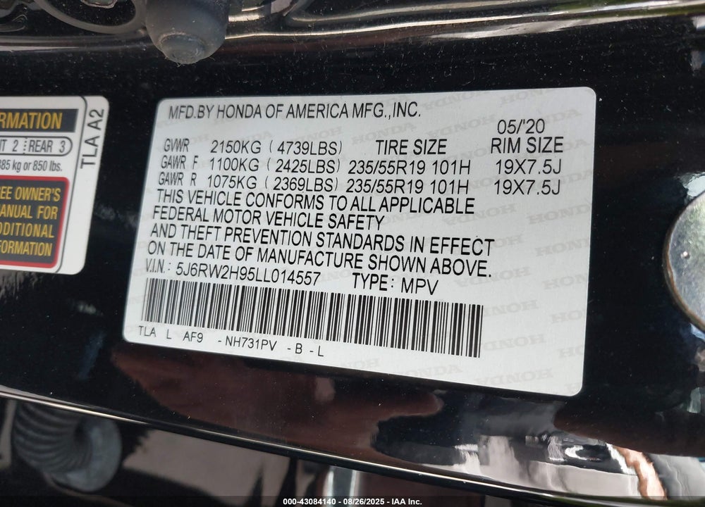 2020 HONDA CR-V VIN: 5J6RW2H95LL014557
