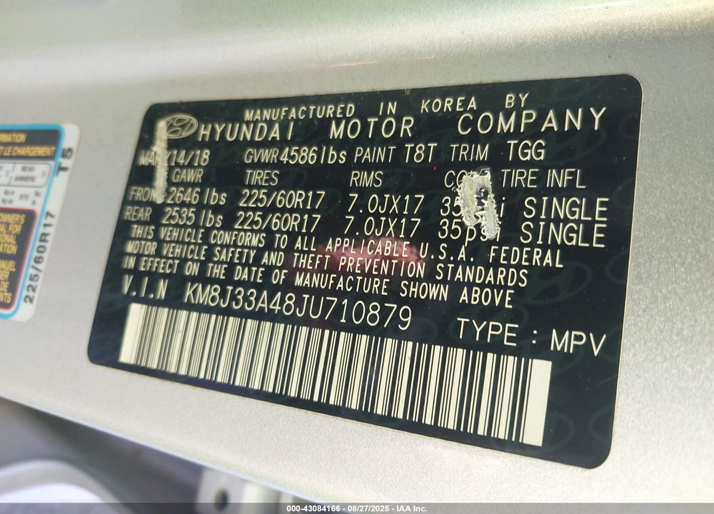 2018 HYUNDAI TUCSON VIN: KM8J33A48JU710879