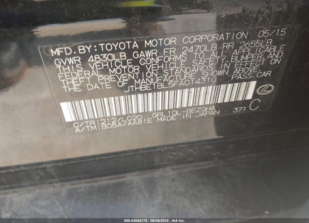 2015 LEXUS GS 350 VIN: JTHBE1BL5FA014310