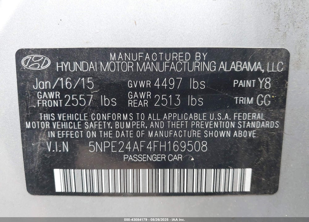 2015 HYUNDAI SONATA VIN: 5NPE24AF4FH169508