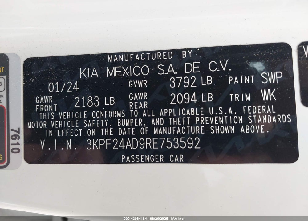 2024 KIA FORTE VIN: 3KPF24AD9RE753592
