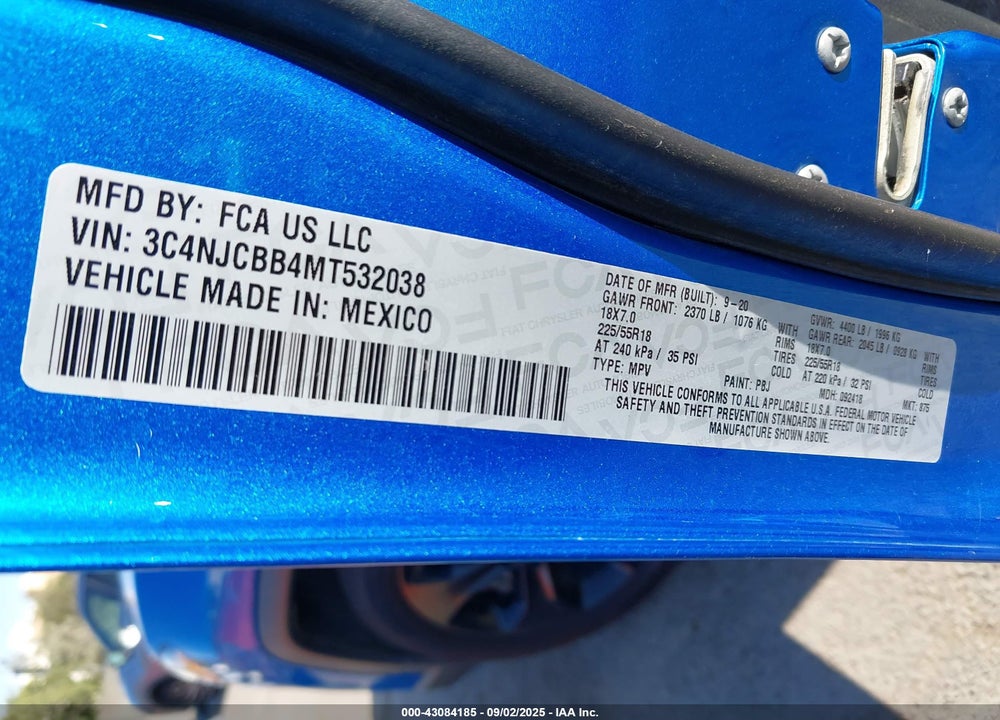 2021 JEEP COMPASS ALTITUDE FWD VIN: 3C4NJCBB4MT532038