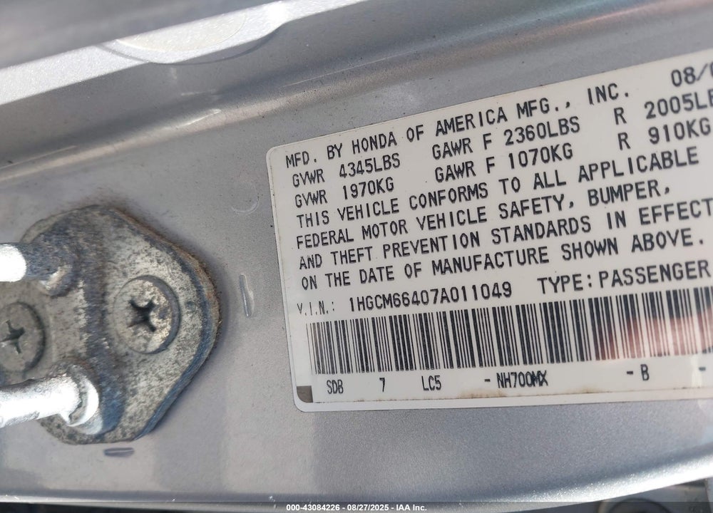 2007 HONDA ACCORD VIN: 1HGCM66407A011049