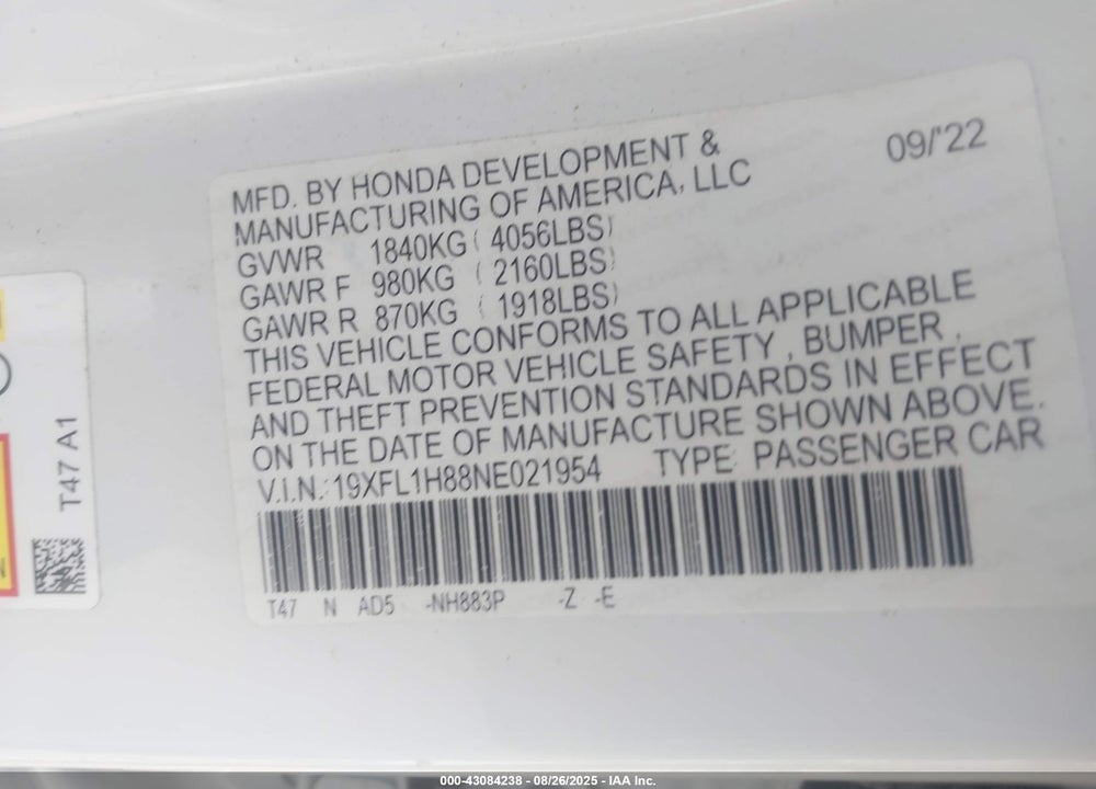 2022 HONDA CIVIC SPORT TOURING VIN: 19XFL1H88NE021954