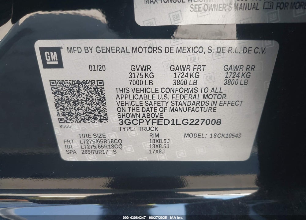 2020 CHEVROLET SILVERADO 1500 VIN: 3GCPYFED1LG227008