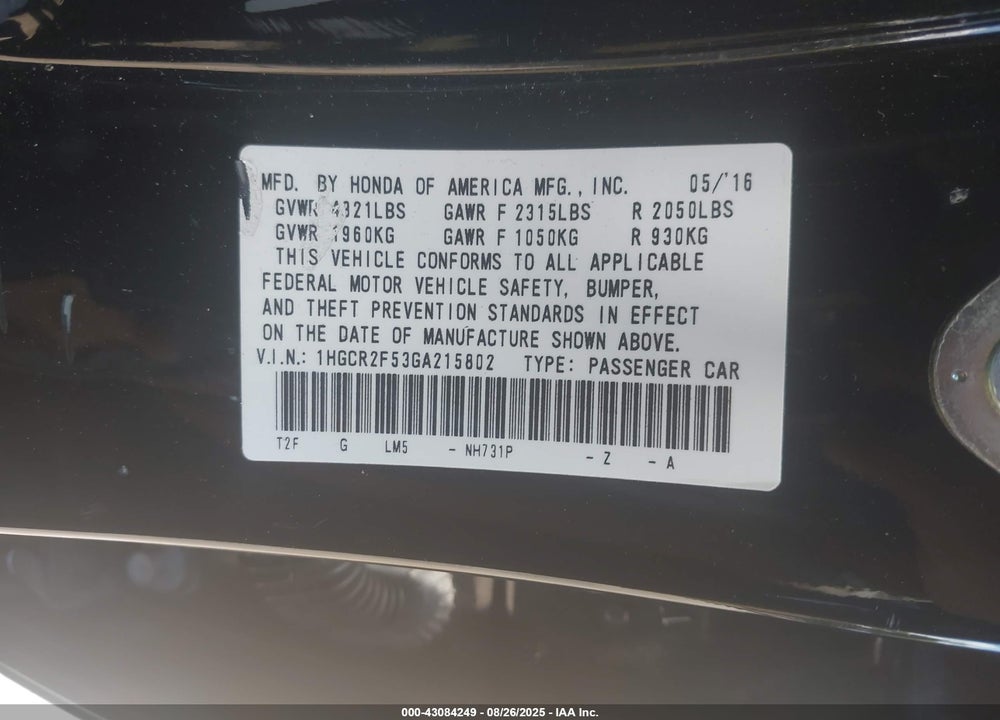 2016 HONDA ACCORD SPORT VIN: 1HGCR2F53GA215802
