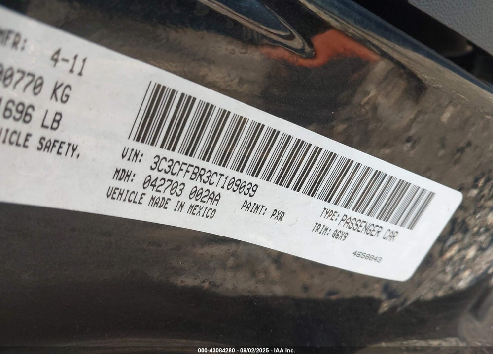 2012 FIAT 500 VIN: 3C3CFFBR3CT109039