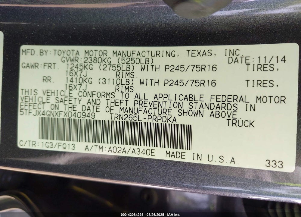 2015 TOYOTA TACOMA VIN: 5TFJX4GNXFX040949