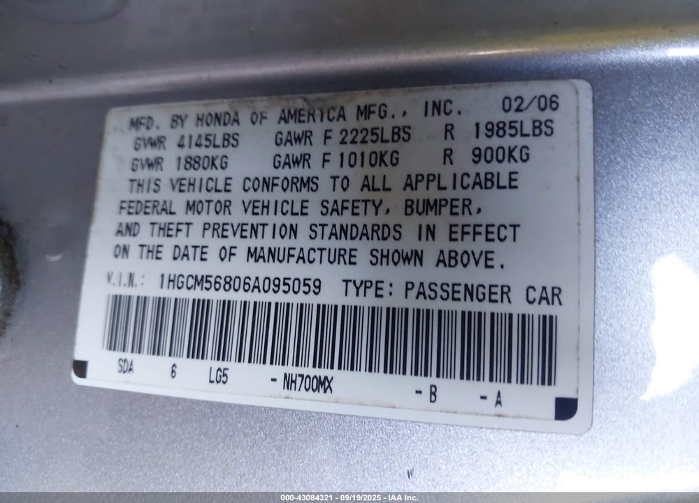 2006 HONDA ACCORD 2.4 EX VIN: 1HGCM56806A095059