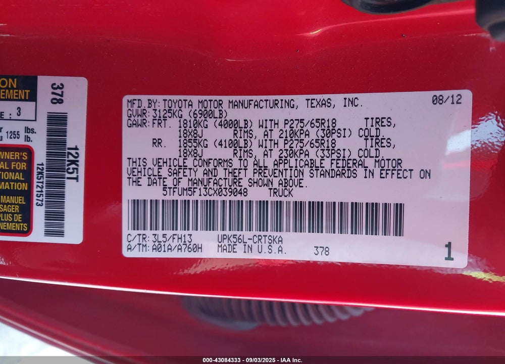 2012 TOYOTA TUNDRA VIN: 5TFUM5F13CX039048