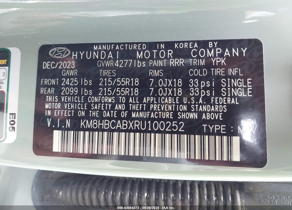 2024 HYUNDAI KONA VIN: KM8HBCABXRU100252