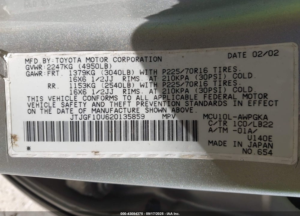 2002 LEXUS RX 300 VIN: JTJGF10U620135859
