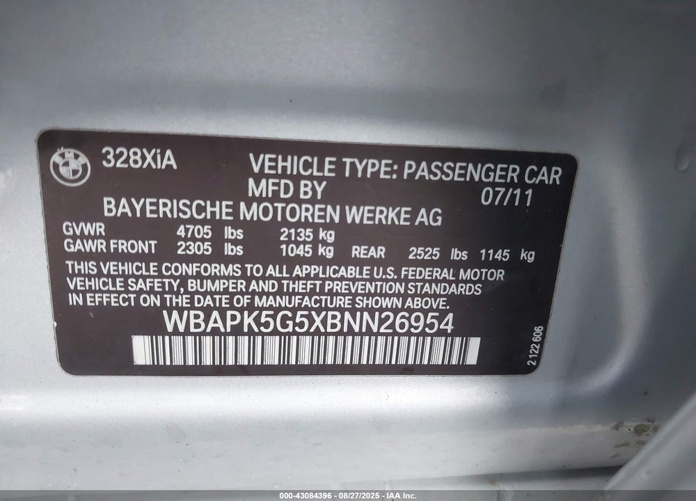 2011 BMW 3 SERIES VIN: WBAPK5G5XBNN26954