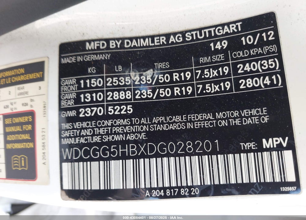 2013 MERCEDES-BENZ GLK-CLASS VIN: WDCGG5HBXDG028201