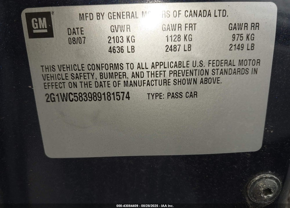 2008 CHEVROLET IMPALA VIN: 2G1WC583989181574