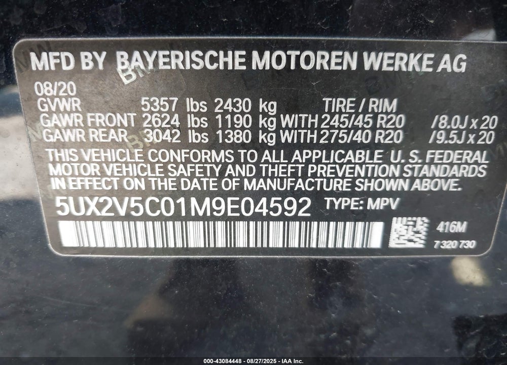 2021 BMW X4 VIN: 5UX2V5C01M9E04592