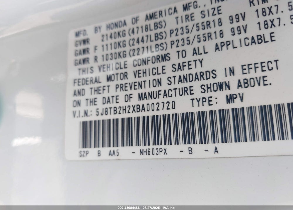 2011 ACURA RDX VIN: 5J8TB2H2XBA002720