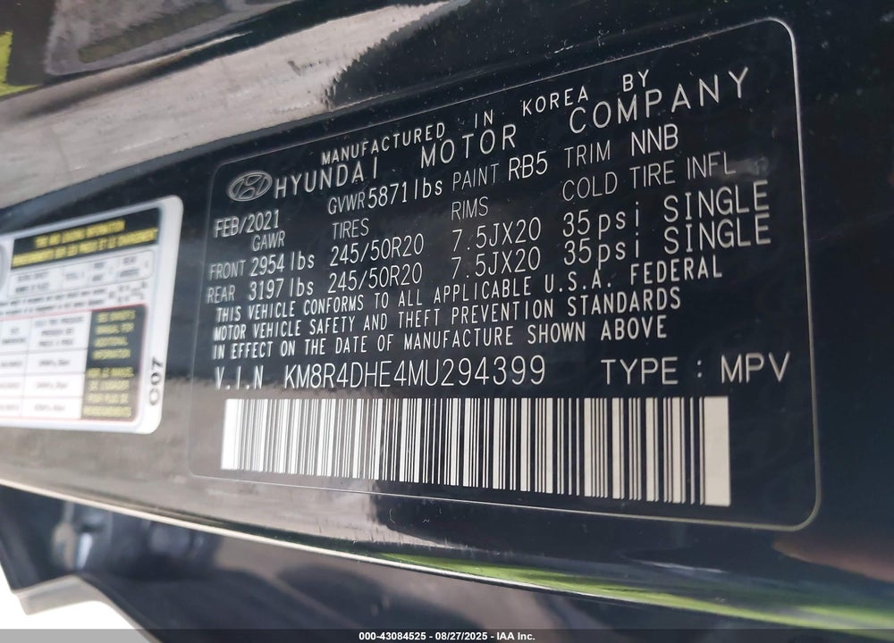 2021 HYUNDAI PALISADE VIN: KM8R4DHE4MU294399