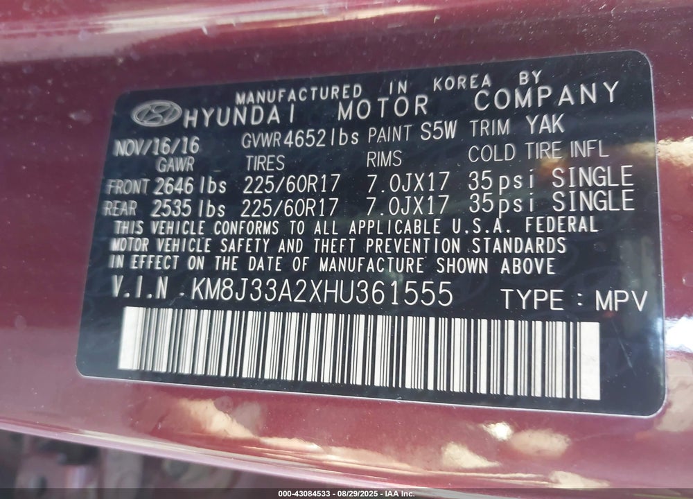 2017 HYUNDAI TUCSON VIN: KM8J33A2XHU361555