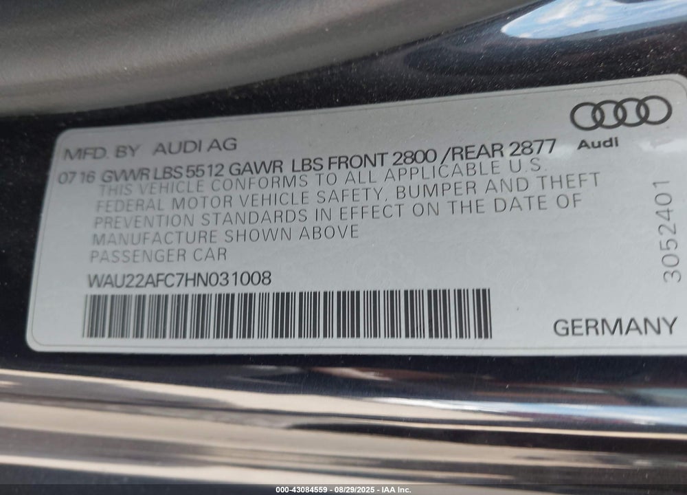 2017 AUDI A7 VIN: WAU22AFC7HN031008