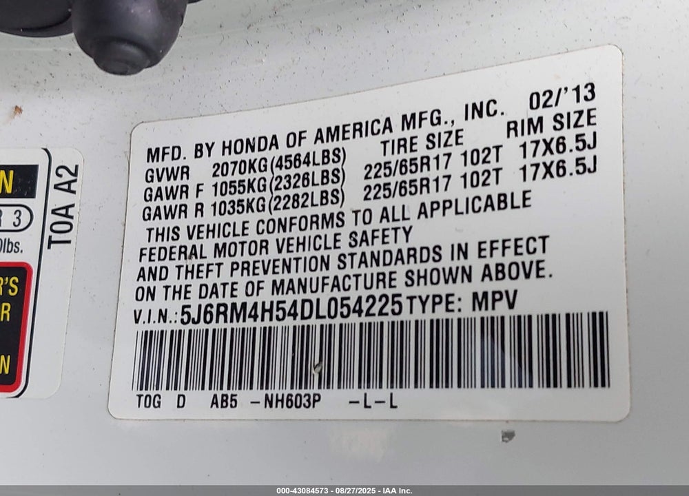 2013 HONDA CR-V VIN: 5J6RM4H54DL054225