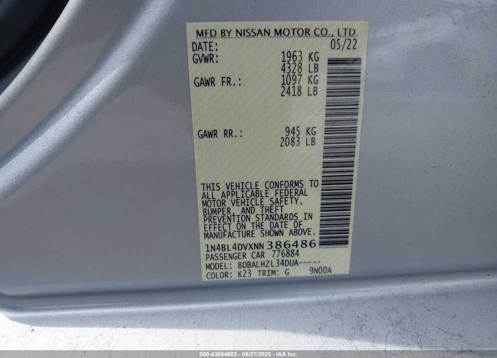 2022 NISSAN ALTIMA VIN: 1N4BL4DVXNN386486