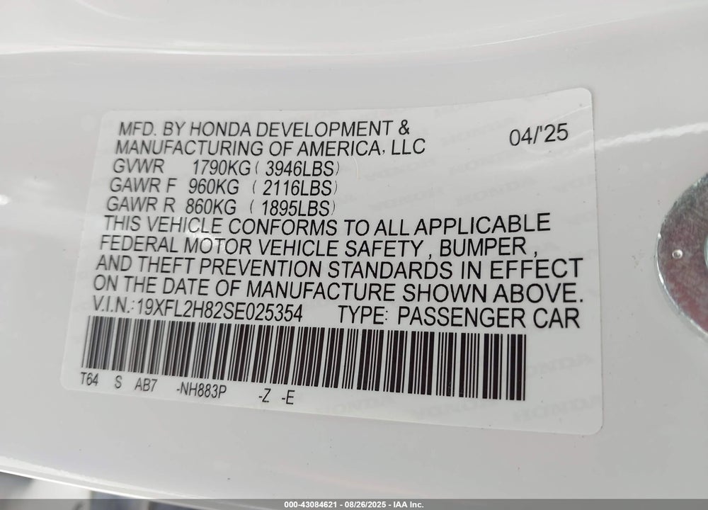 2025 HONDA CIVIC VIN: 19XFL2H82SE025354
