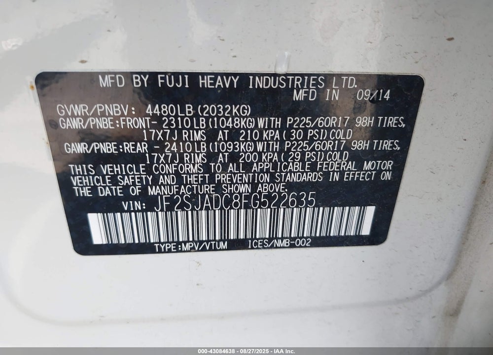 2015 SUBARU FORESTER VIN: JF2SJADC8FG522635