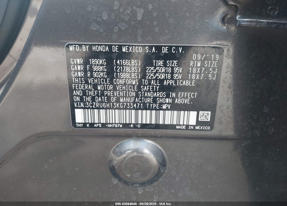 2019 HONDA HR-V VIN: 3CZRU6H13KG733471
