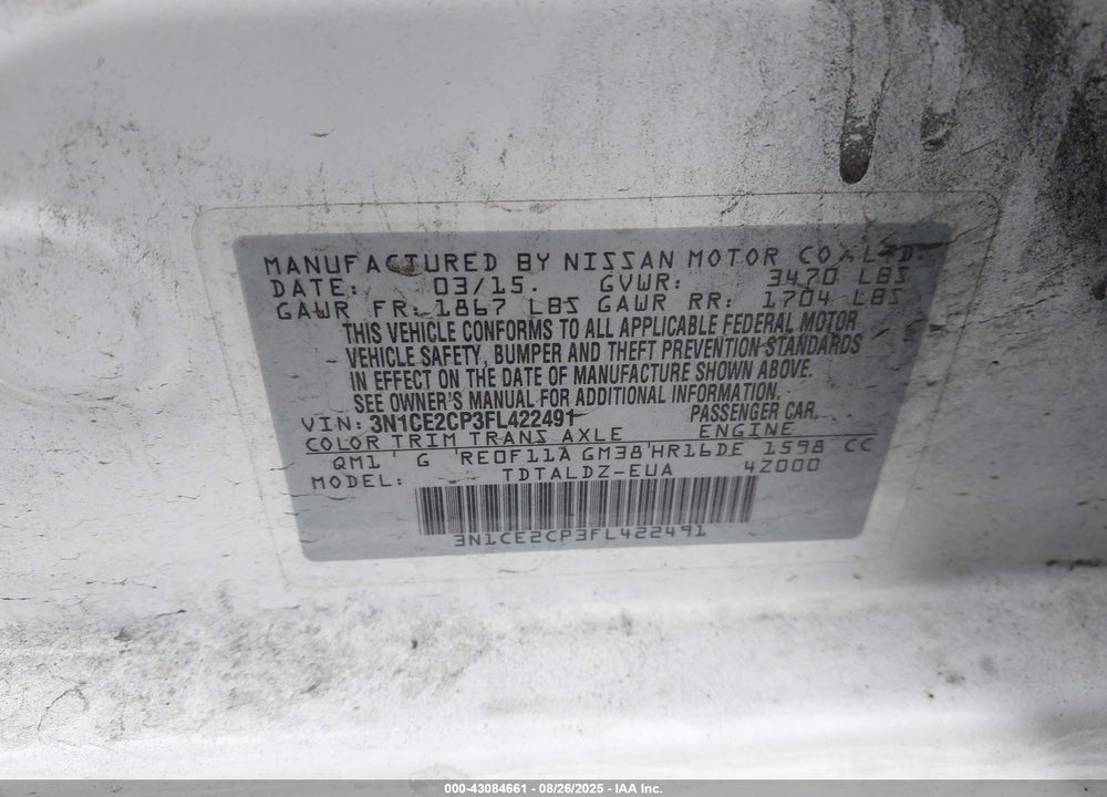 2015 NISSAN VERSA NOTE VIN: 3N1CE2CP3FL422491