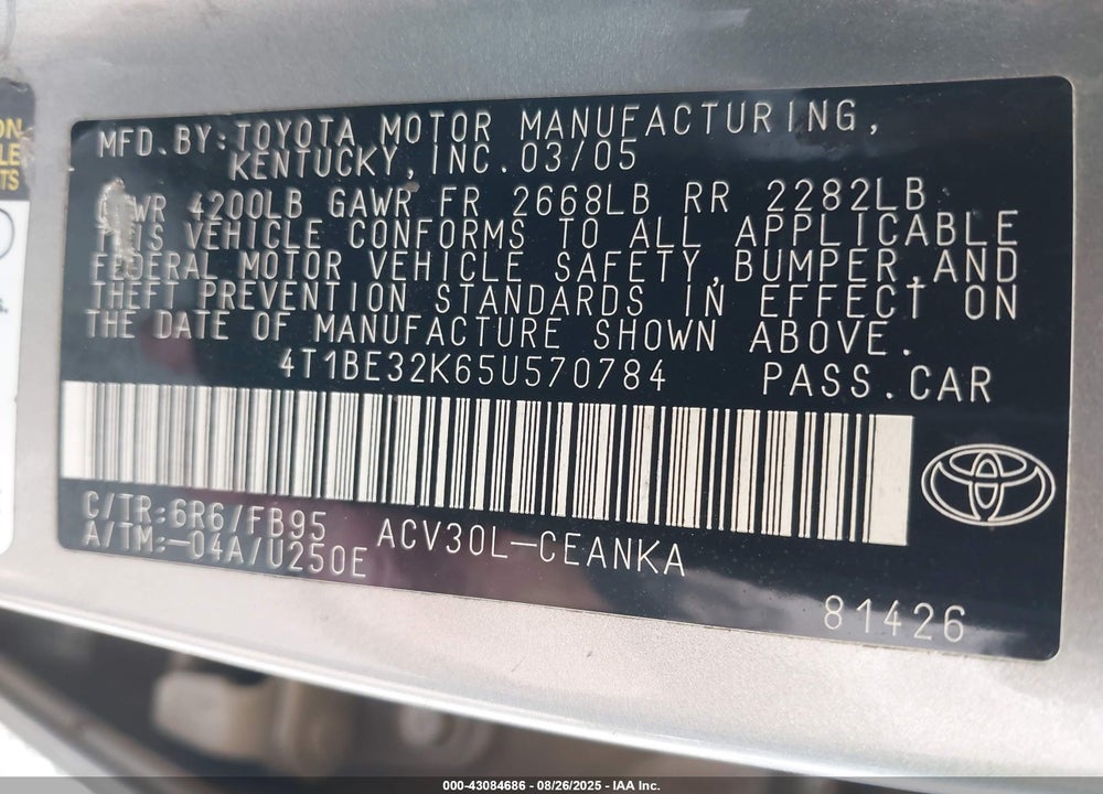 2005 TOYOTA CAMRY LE VIN: 4T1BE32K65U570784